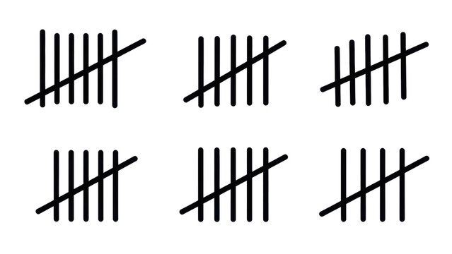 Black tally marks counting set of six groups of five lines for data and statistics
