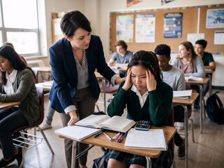 Fototapeta premium Woman teacher comforting stressed asian teenage student with headache sitting at desk in classroom. School stress and mental health