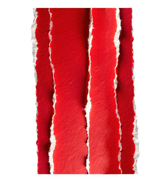 Vertical torn red paper texture with rough white edges for abstract background.