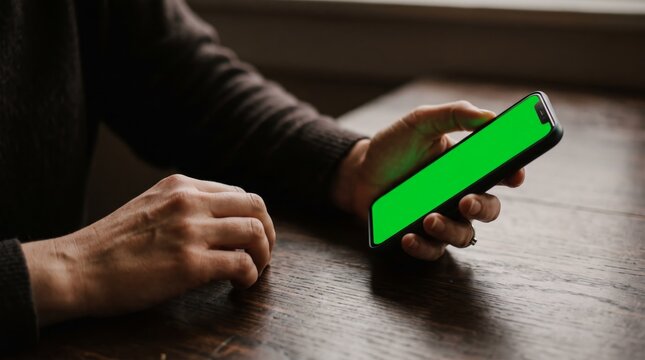 Man holding smartphone with green screen while sitting at wooden table. Chroma key mobile phone display for mockup. Hands using cellphone in cafe. Technology, communication and mobile app concept.