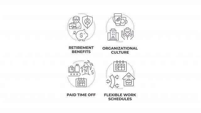 Modern company culture initiatives animated line concept icon set. Holistic workplace wellness solutions. Company benefit designs. Flat linear graphics motion. Minimalist black outline animation pack