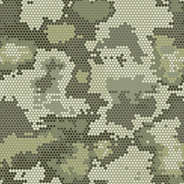 Full Seamless cream and olive camouflage halftone print. Cells contrast with dark patches in a honeycomb pattern. Army camo vector texture for military shirt fabric and bags, on a light background.