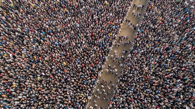 Overhead perspective of a colossal outdoor festival gathering, a vibrant sea of humanity enjoying a large-scale public event
