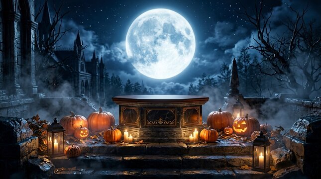 Spooky Halloween Empty Pedestal Display in Gothic Cemetery with Full Moon and Carved Pumpkins