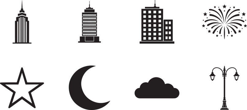 Festive city skyline line icon set with skyscrapers, fireworks, stars and crescent moon for celebrations.
