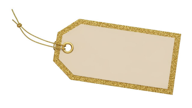Blank beige gift tag with a decorative gold glitter border and string attachment