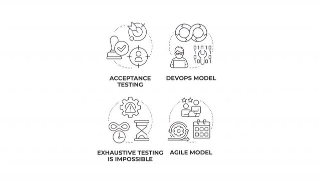 Modern software engineering frameworks animated line concept icon set. Agile product delivery. Testing protocol implementation. Flat linear graphics motion. Minimalist black outline animation pack
