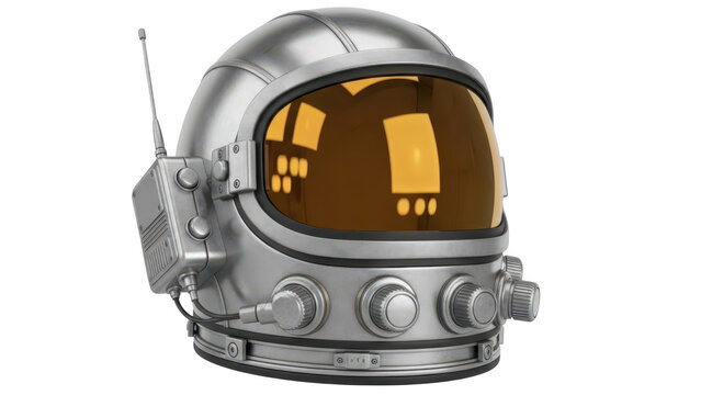 Shiny silver astronaut helmet with a dark orange visor for space exploration