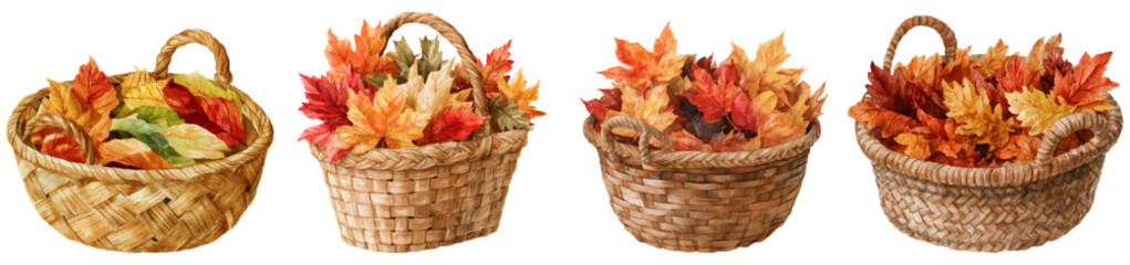 Obraz premium Wicker baskets filling with vibrant autumn maple leaves in various warm hues, celebrating the fall season, harvest time, and nature's changing colors