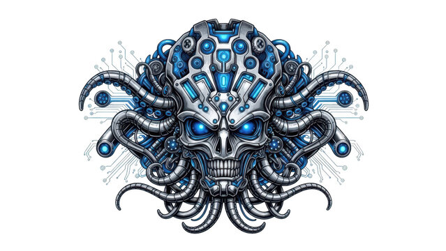 Futuristic robot head with glowing blue digital circuits and mechanical tentacles