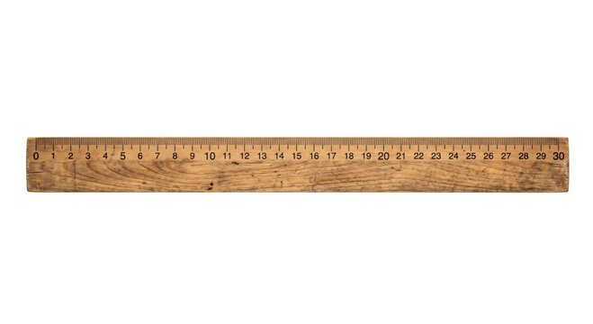 Vintage wooden ruler with clear centimeter markings on a white background