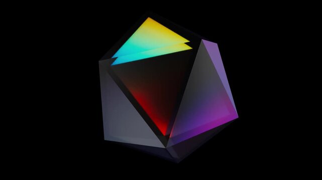 Minimal Black Crystal Icosahedron Rotating Seamless Loop, Abstract Futuristic Geometric Object with Sharp Iridescent Edges, Clean Modern Motion Graphics &ndash; Detailed view of a single dark polyhedron