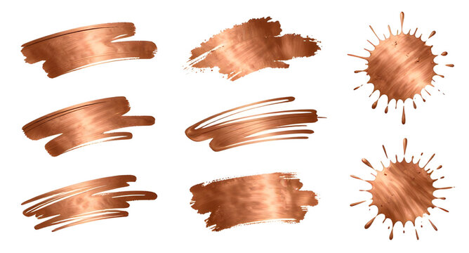 Rose-gold, copper, bronze, brush-stroke, splatter, paint, splash, texture, metallic, isolated, white-background, vector, graphic, set, collection
