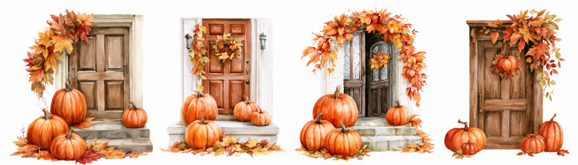 Obraz premium Charming watercolor front doors adorned with orange pumpkins, autumn wreaths and colorful leaf garlands, creating a warm, cozy, festive fall welcome for home entrances
