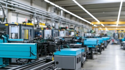Fototapeta premium Modern industrial factory floor with rows of automated hinery and bright overhead lighting
