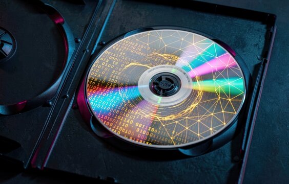 Futuristic data storage disc with glowing binary code in case