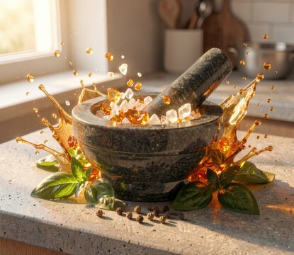 Granite mortar and pestle with splashing herbal oil and fresh basil