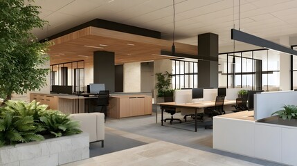 Obraz premium Modern open plan office with wooden accents glass partitions and indoor plants creating a bright functional workspace