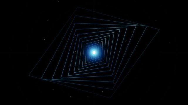 Abstract blue geometric tunnel with glowing light, futuristic square wireframe motion, digital portal background for technology and sci-fi visuals