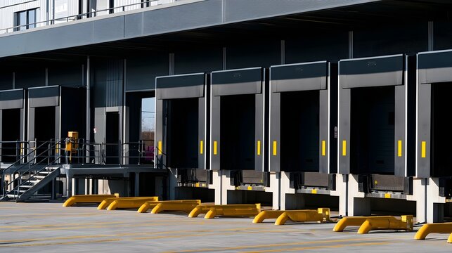 Modern industrial loading dock with multiple roll up doors and yellow safety barriers under bright sunlight