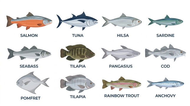 Commercial edible fish varieties illustration set on white background