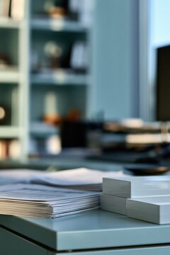 Compact office desk with blank financial documents and unlabelled storage trays