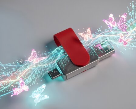 USB flash drive with digital data flow and glowing butterflies