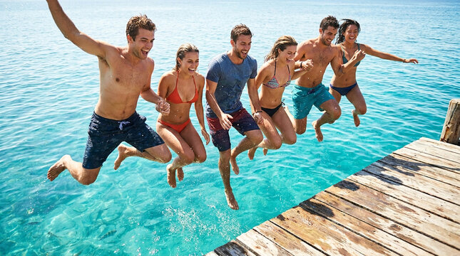 Authentic candid photography of happy friends jumping into a crystal-clear blue ocean from a wooden pier, representing the pure joy and carefree nature of summer vacation.
