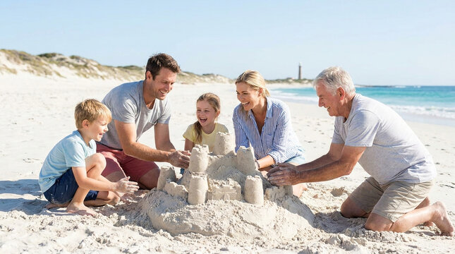 Beautiful lifestyle photography of a joyful family building a sandcastle together on a pristine white sandy beach, creating unforgettable warm holiday memories.