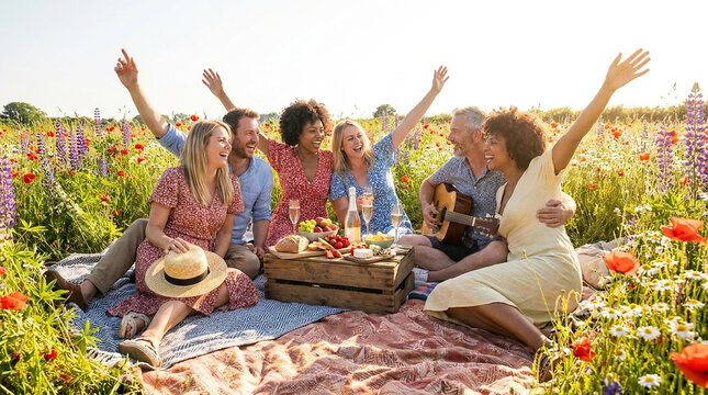 Beautiful lifestyle photography of excited friends having a vibrant summer picnic in a blooming wildflower meadow, celebrating absolute freedom and deep togetherness.