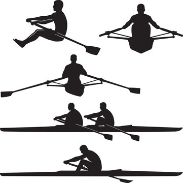 Silhouetted Rowing Athletes in Action on Water at Sunrise