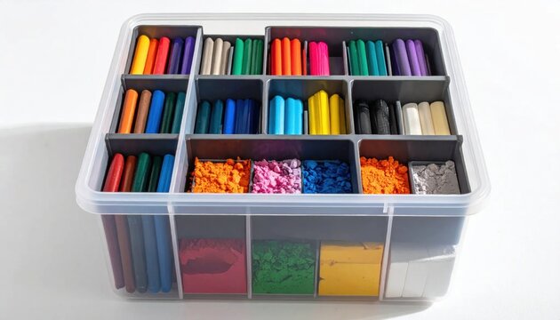 Abundant Craft Supplies Organized in a Transparent Storage Container With Many Compartments