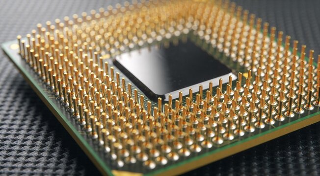 Macro close-up of a computer processor with dense gold contact pins surrounding the central chip, semiconductor technology and advanced computing, generative AI