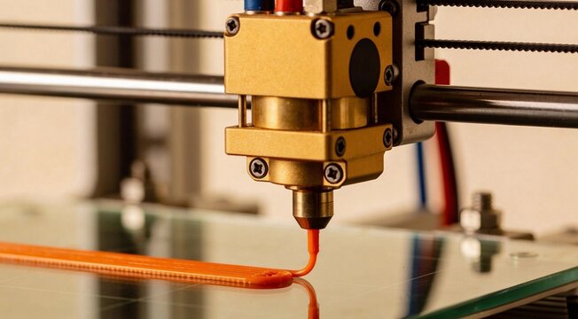 Close-up of 3D printer extruder nozzle depositing orange filament on glass build plate, additive manufacturing and rapid prototyping technology, generative AI