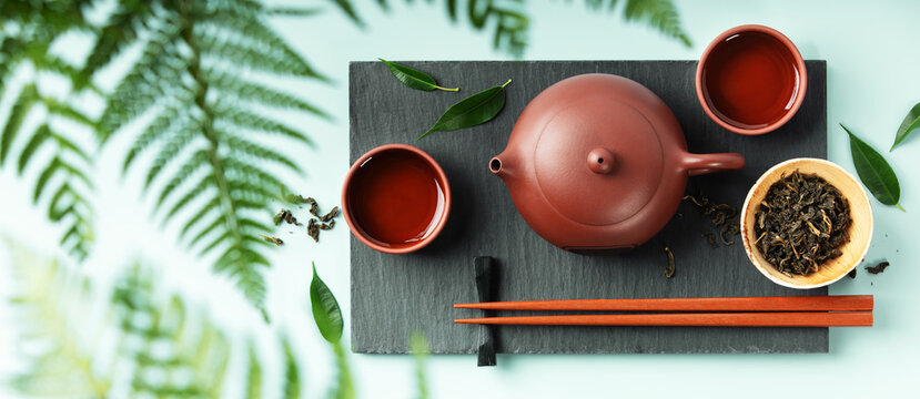 Modern Asian Tea Ceremony Banner with Red Teapot and Cups