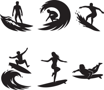 Silhouetted surfers riding ocean waves at sunset for adventure and sport
