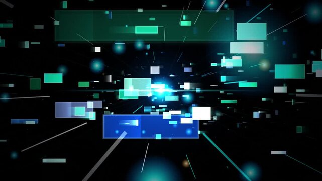 Futuristic digital data blocks flying through space, abstract high-tech motion graphics, glowing blue and green geometric information stream