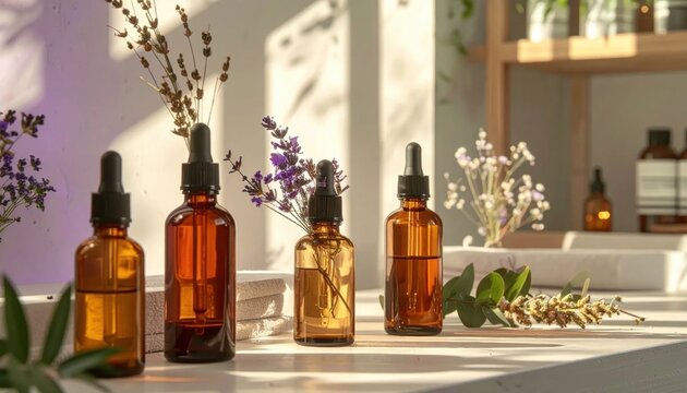 Amber Dropper Bottles with Lavender Sprigs and Herbal Botanicals in a Softly Lit Setting