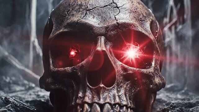 Calavera oscura con ojos brillantes rodeada de humo y niebla, creando una atm&oacute;sfera terror&iacute;fica y misteriosa ideal para Halloween, piratas, horror y fantas&iacute;a.