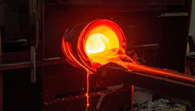 Vibrant molten glass pouring from industrial furnace with glowing orange hues