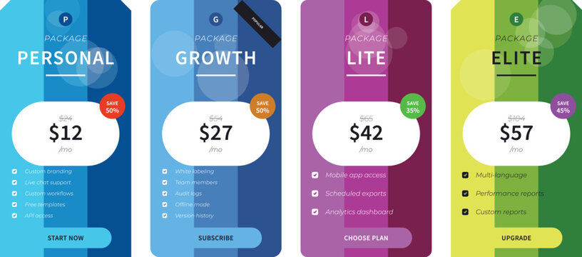 Mobile app subscription pricing cards design with dollar amounts Vector