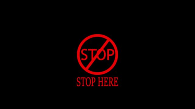 Digital icon stop and warning icon animation. Warning or prohibition symbol. Simple red color stop circle sign with the big black symbol for no entry sign animation on black background.