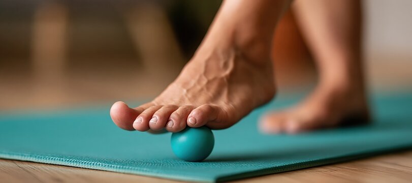 Bare feet performing foot massage exercise with ball on yoga mat
