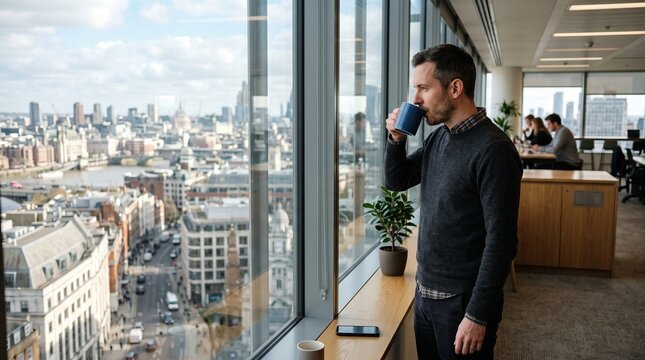 Man drinking coffee looking out office window at London skyline cityscape