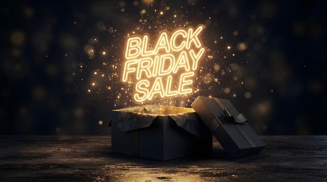 Black friday sale neon sign glowing above an open black gift box on a dark wooden surface with sparkling light particles