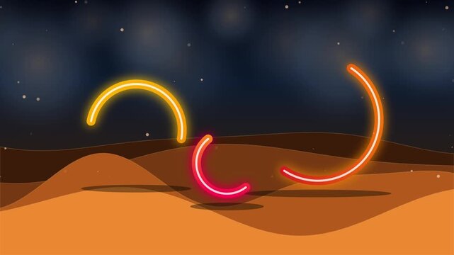 Neon glowing arches over desert dunes at night. Vibrant light rings in sandy landscape. Abstract futuristic desert background with starry sky.