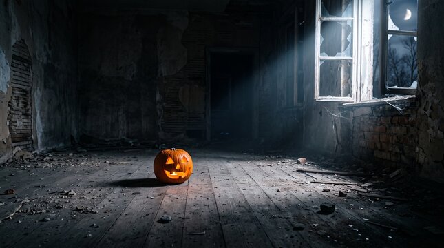 Spooky Jack O Lantern glows in abandoned haunted house interior with broken window and moonlight