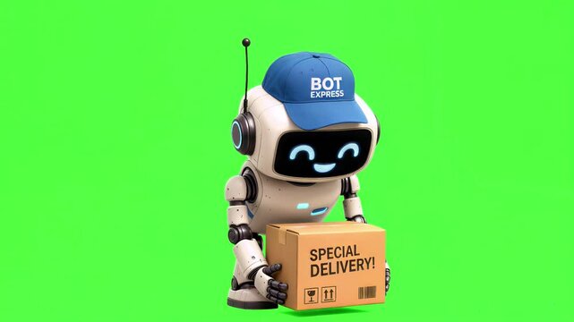 Automated delivery robot carrying cardboard box on green screen. AI generated character for logistics and technology concepts. Static medium shot.