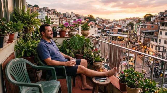 Man enjoys a drink on a balcony overlooking a vibrant favela at sunset