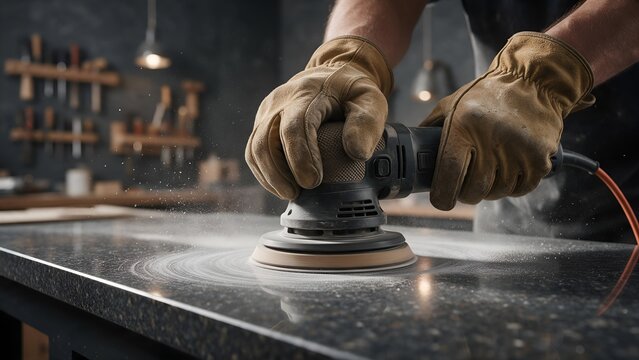 Skilled craftsman wearing protective leather gloves operates an electric orbital sander to smooth a dark stone countertop in a professional workshop during a busy day